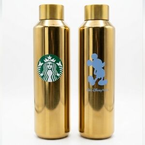 🏰 SET OF TWO 💛💛 Disney x Starbucks 50th Anniversary Gold Water Bottles ✨